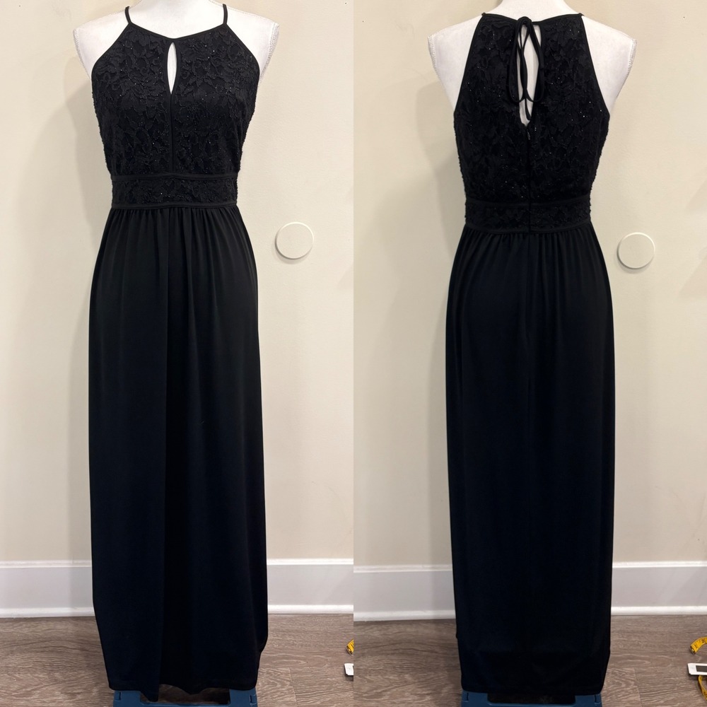 VTG Y2K Candalite Black Lace Glitter Keyhole Halter‎ Maxi Dress Gown Prom Small